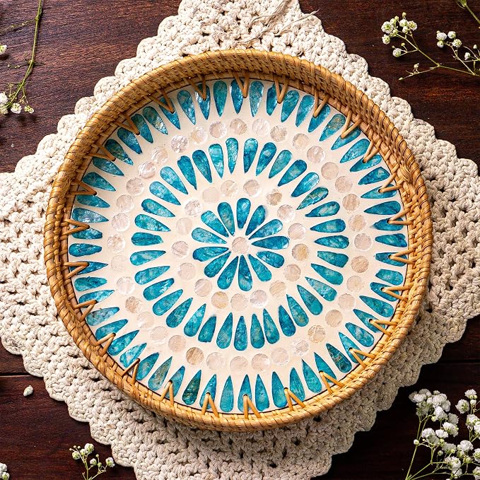 JUNGLE CULTURE Round Rattan Tray with Mother of Pearl Inlay • Ripple 12”