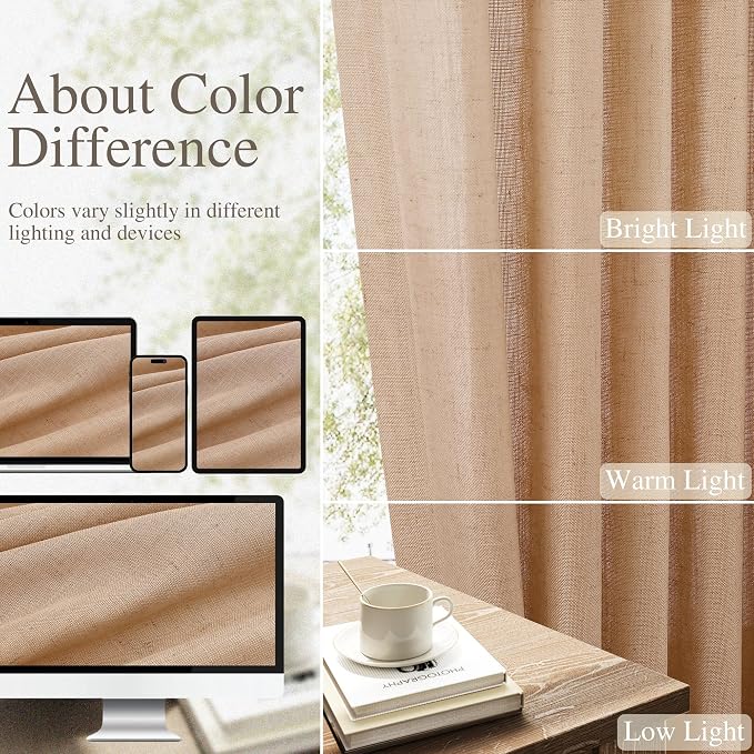 Extra Long Linen Curtains 108 Inches for Living Room Back Tab Semi Sheer High Floor to Ceiling 9ft Light Filtering Curtain Boho Farmhouse Decor Window Drapes for Bedroom 2 Panels Camel