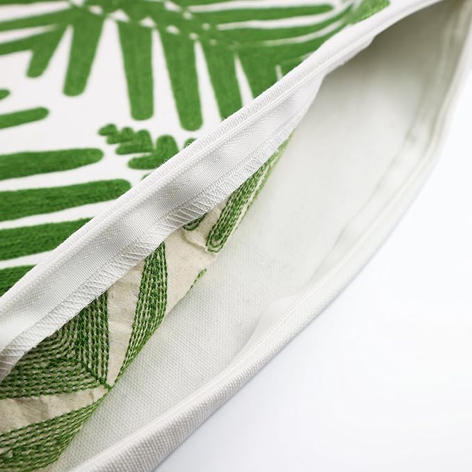 Tropical Leaf Embroidery Throw Pillow Covers 18x18 Inches Decorative Floor Pillow Cover for Couch Green Leaf 100% Cotton Cushion Cover Symmetric Palm Leaves Embroidered 45x45cm, 1 Piece