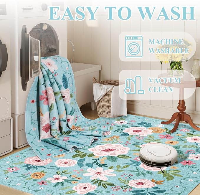 DUKINO 6x9 Area Rugs, Floral Washable Rug for Bedroom Non Slip, Teal | Soft, Low Pile, Large Indoor Rug for Living Room, Dining Room, Kids Room, Office, Pet Friendly, Home Decor, Stain Resistant