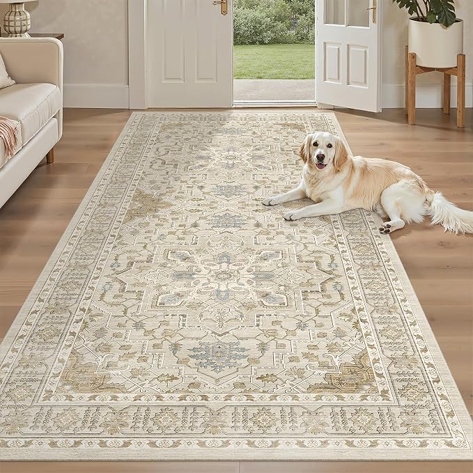 Madane 4x8 Wide Hallway Runner Rug Washable for Living Room, Beige/Blue | Soft Stain Resistant Ktichen Runners 8ft, Vintage Non Slip Low Pile Area Rugs, Thin Floor Carpet for Bathroom Dining Bedroom