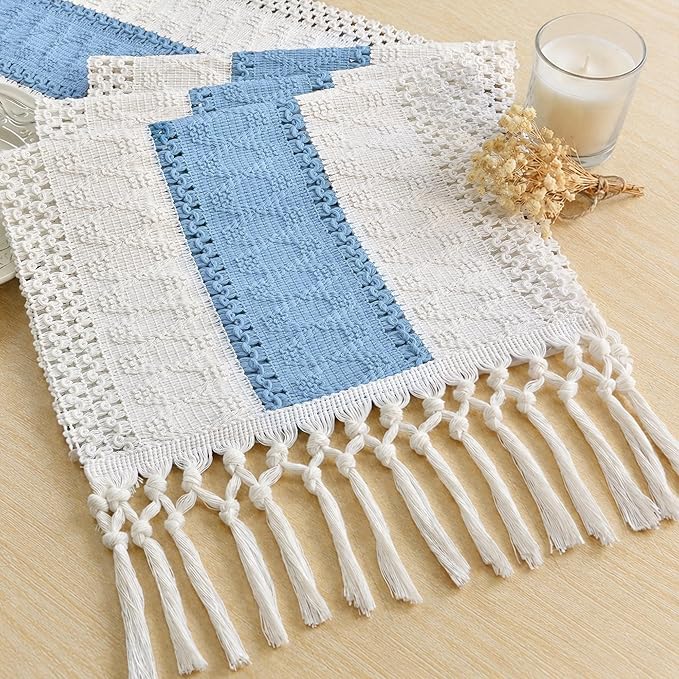 FEXIA Boho Table Runner for Home Decor 12x72 Light Blue Farmhouse Decor | 72 Inches Long with Tassels Rustic Table Runner Macrame Burlap Centerpieces for Living Dining Room Bedroom for Baby Shower