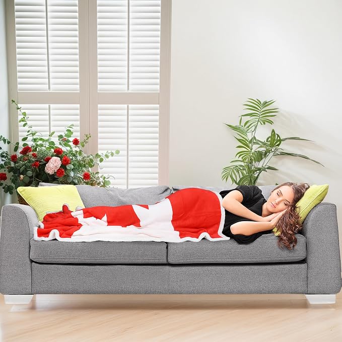 Catalonia Sherpa Fleece Blanket,Canada National Flag Maple Leaf Print Patriotic Plush Super Soft Warm Reversible Polar Throws for Couch Bed 60” x 50”