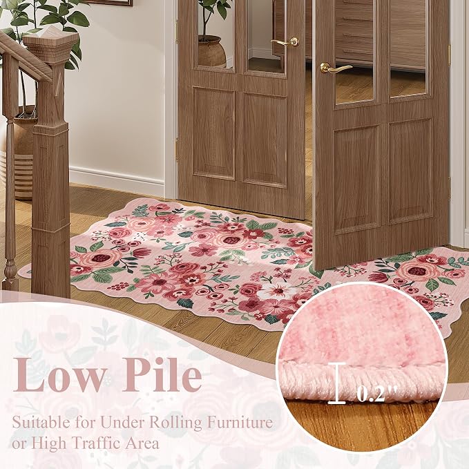 DUKINO 2x7 Runner Rug for Hallway, Floral Washable Rug for Kitchen, Pink | Low Pile, Stain Resistant, Soft Throw Carpet Runner for Entryway, Bedroom, Bathroom, Laundry, Pet Friendly, Modern Home Decor
