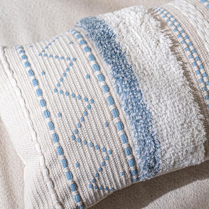 BlissBlush 20X20 Throw Pillow Cover, Coastal Blue Square Decorative Cushion Cover, Boho Accent Pillowcase with Tassels for Couch Sofa Living Room (Cover Only)