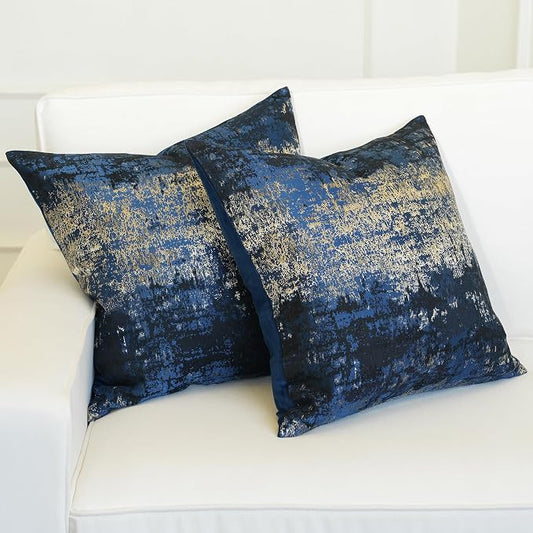 THE-TINOART Navy Champagne Metallic Jacquard Pillow Covers 20x20 Pack of 2 Velvet Back Modern Glam Sofa Decor