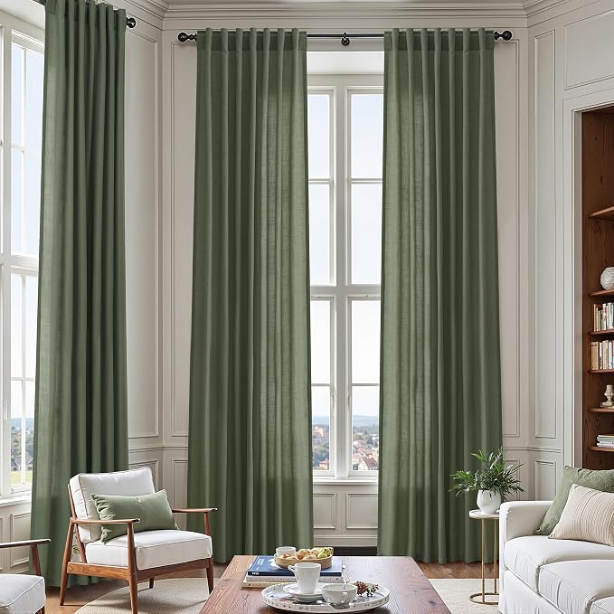 Olive Green Linen Curtains 134 Inch Extra Long Back Tab 52x134 2 Panels