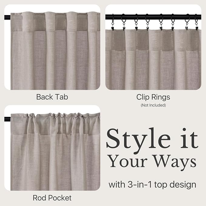 NICETOWN Birch Linen Semi Sheer Curtains 96 inches Long, Rod Pocket & Back Tab Linen Blend Semi Sheer Privacy with Light Filtering for Farmhouse/Living Room, W52 x L96, 2 Panels