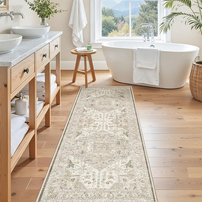Madane Hallway Runner Rug 2x5 Washable Entry Rugs Non-Slip, Ivory/Brown | Vintage Printed Low-Pile Kitchen Runners, Soft Low-Pile Stain-Resistant Throw Carpet for Bedroom Entrance Laundry Room 2'x5'