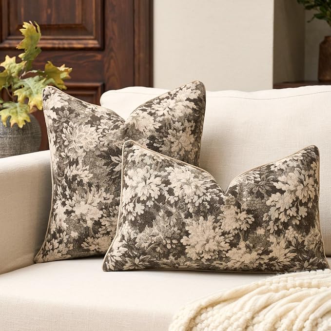 Yangest Neutral Floral Pillow Cover 18 x18 Inches, Vintage Chenille Square Throw Pillow Cover Soft Decorative Farmhouse Accent Couch Pillow Cover for Living Room Bedroom, Grey