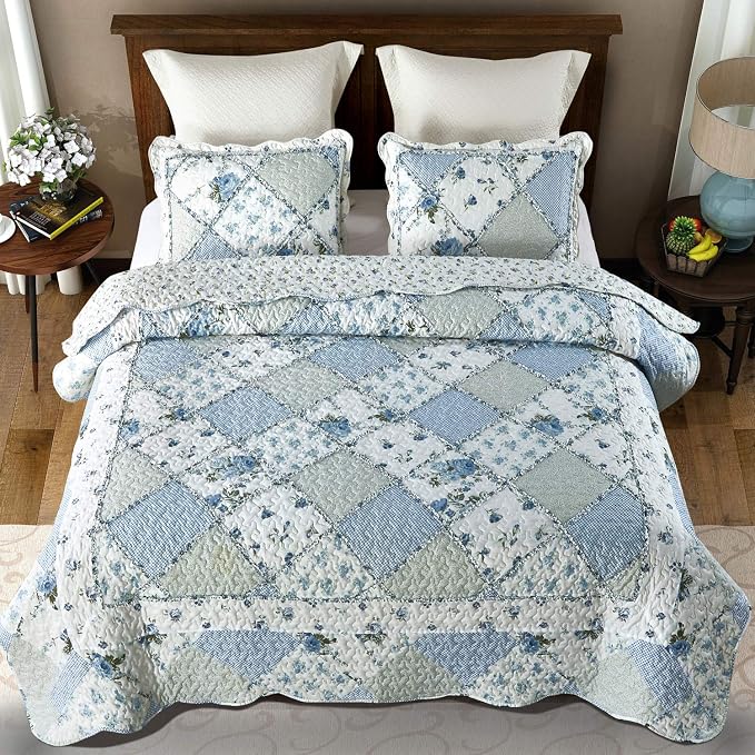 Oversized King Size Quilt Set 128x120 Blue Floral Patchwork Bedspreads Set | 3-Piece Extra Wide Super King Size Bedding Set Rversible Quilted Coverlet Lightweight Comforter Bed Cover with 2 Pillowcases