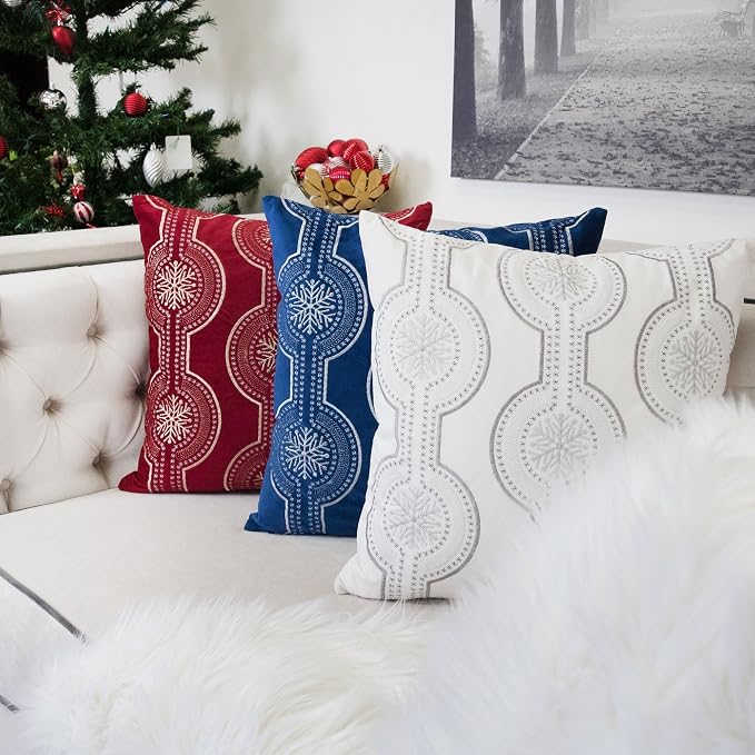 Embroidery Blue Velvet Throw Pillow Cover, Merry Christmas Series Snowflake Drop Luxury Soft Fuzzy Cozy Warm Slik Gift Square Couch Cushion Pillow Case 20 x 20 Inch, Cover Only