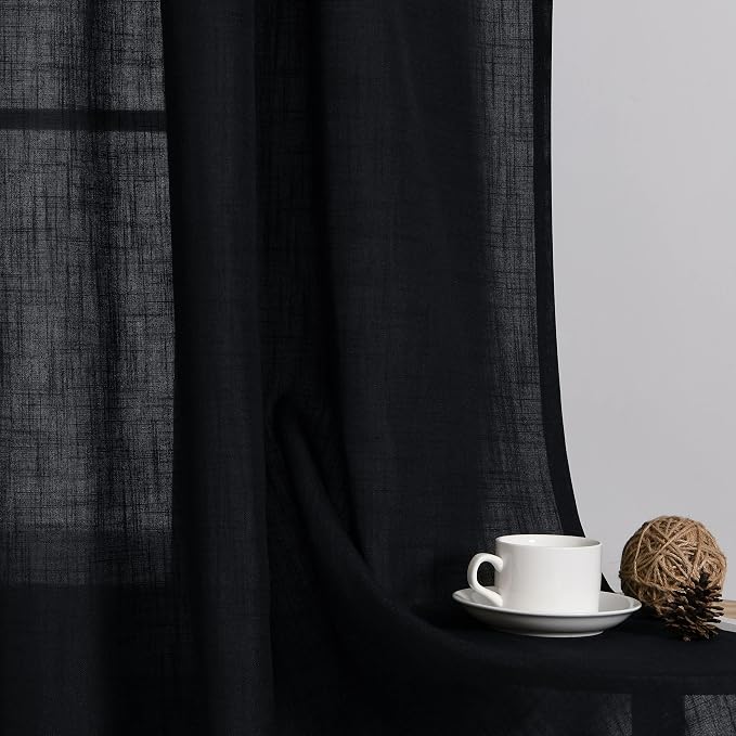 Black Linen Curtains 108 Inch Length for Living Room Bedroom 2 Panels Set Rod Pocket Light Filtering Semi Sheer Window Curtains 52 Inch Width Boho Farmhouse Linen Drapes, W52xL108