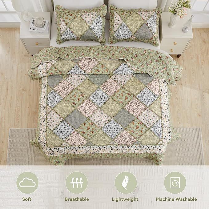 Full/Queen Size Quilt Set Green Floral Patchwork Bedspreads Coverlet Set | VIVILINEN 3-Piece Reversible Floral Bedding Set Lightweight Comforter Queen Bed Sheet Set Cover Blanket with 2 Pillow Shams