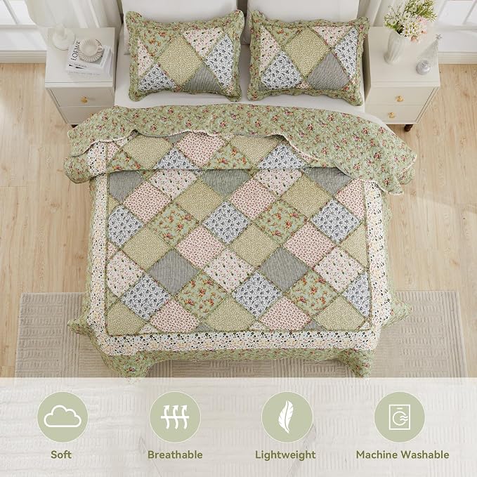 Oversized King Quilt Set Green Floral Patchwork Alaska King Bedspreads Set | 3-Piece Alaskan King Size Bedding Set 132x120 Rversible Quilted Coverlet Lightweight Comforter Bed Cover with 2 Pillowcase