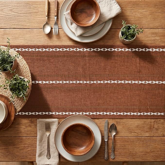 Artoid Mode Caramel Rustic Cotton Linen Table Runner, Seasonal Fall Embroidered Hollow Kitchen Dining Table Decoration for Home Party Decor 13x108 Inch