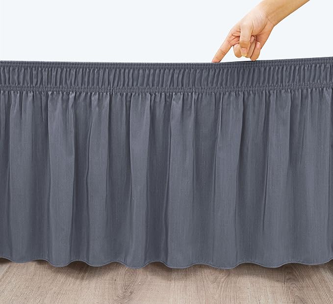 Wrap Around King Size Bed Skirt Split Corner 17" Drop-Elastic Dust Ruffle | Dark Grey Adjustable Pleated Bedskirt-Easy Fit Wrinkle Resistant Washable Bed Skirting-Master Guest Bedroom Couples Hotels