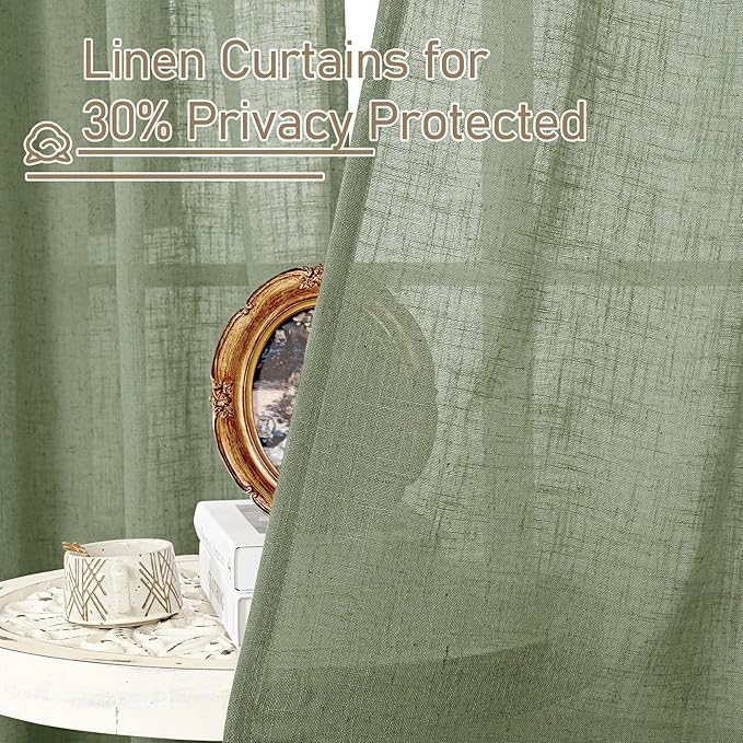 Sage Green Linen Curtains 48 Inch Length 2 Panels, 34 x 48 Inch | Semi Sheer Curtains, Light Filtering Panels, Rod Pocket Back Tab, Neutral Drapes for Kitchen, Small Window, Loft Room