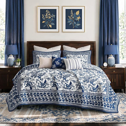FLYMME Blue and White Vintage Floral Quilt Set King/Cal King Size, 3-Piece Classic Reversible Bedspread Coverlet with 2 Pillow Shams, Lightweight Botanical Bedding Set for All Season