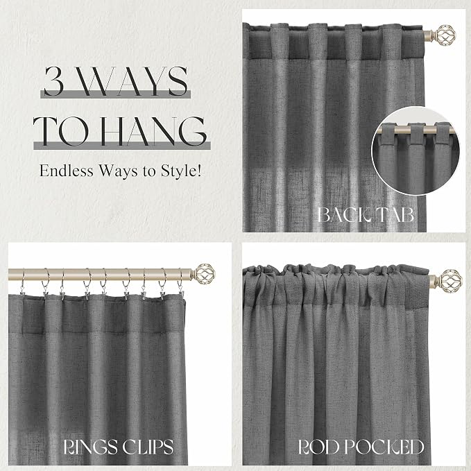 Jowels Dark Grey Linen Curtains 90 Inch Long 2 Panels for Living Room | Light Filtering Semi Sheer Curtain, Back Tab Pocket Pleated Look, Boho Farmhouse Textured Privacy Drapes for Bedroom Window