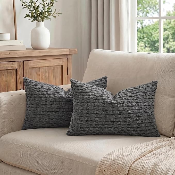 Fancy Homi Set of 2 Dark Gray Lumbar Decorative Throw Pillow Covers 12x20 Inch for Couch Living Room Bed Sofa, Modern Farmhouse Boho Home Decor, Soft Plush Grey Corduroy Rectangle Cushion Case
