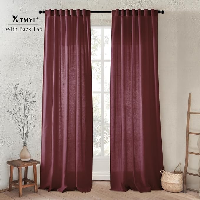 XTMYI Burgundy Curtains 84 Inches Long 2 Panels,Vintage Elegant Maroon Linen Back Tab Hook Pleated Sheer Christmas Curtains for Living Room Bedroom,Dark Red