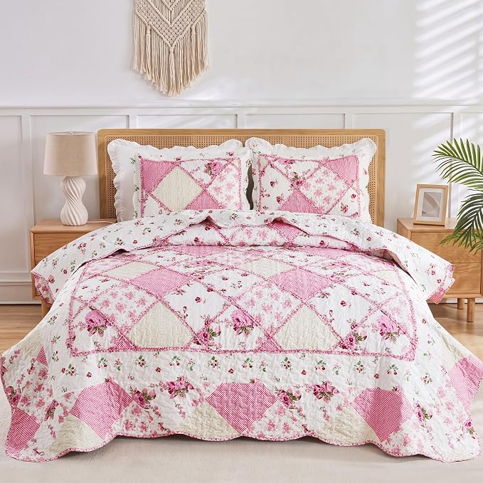Oversized King Quilt Set Pink Floral Patchwork Alaska King Bedspreads Set | 3-Piece Alaskan King Size Bedding Set 132x120 Rversible Quilted Coverlet Lightweight Comforter Bed Cover with 2 Pillowcase
