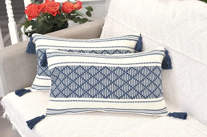 Decorative Boho Lumbar Pillow Covers with Tassels Navy Blue Off White, 12x20 inch -Set of 2 / Small Rectangle Cushion Covers for Couch Sofa/ Farmhouse Woven Pillow Cases/ Accent Chair Pillow Covers