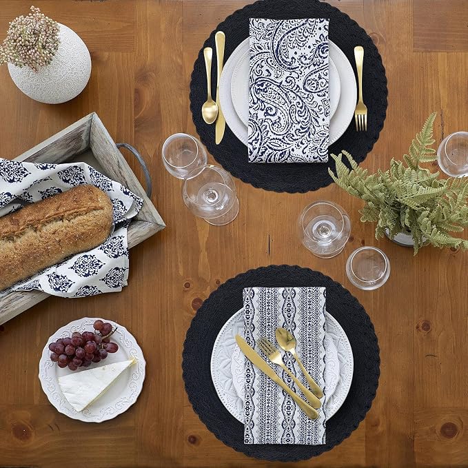 SHACOS Round Placemats Set of 4 Boho Braided Border 15 inch Circle Place Mats Washable Fabric Table Mats for Kitchen Dining Table, Black (Pack of 2)