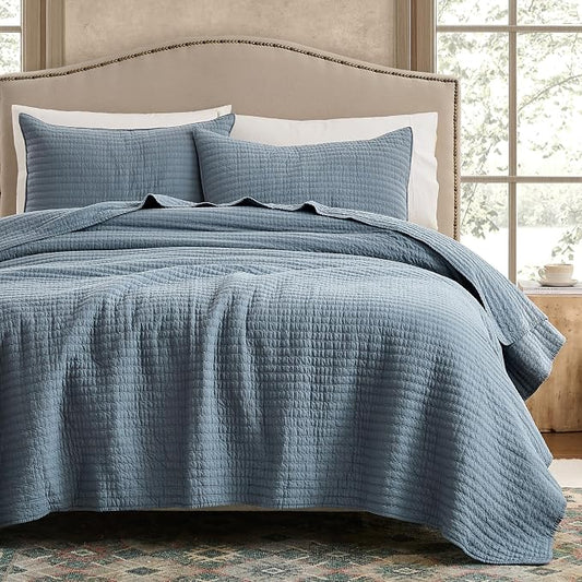 WDCOZY 100% Cotton Queen Size Quilt Set - Blue Striped Pick Stitch Soft Lightweight Bedspread, Textured Like Linen, Farmhouse Country Rustic Coverlet, Shabby Chic Gauze Bedding, 3 Pieces