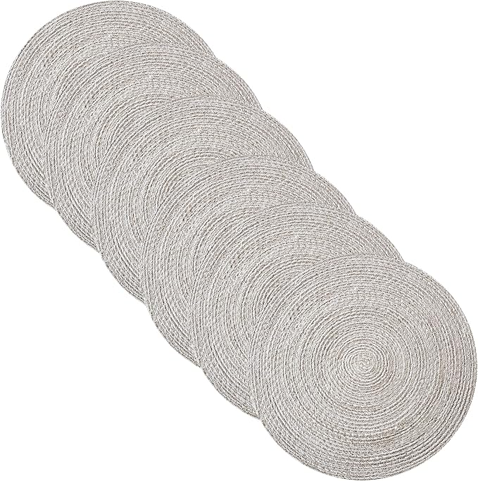 Round Placemats Set of 6-100% Cotton Two-Tone Placemat for Dining Table - Woven Braided Table Setting Place Mat - Washable Table Decor for Kitchen, Farmhouse, Rustic, Everyday Use, Gray