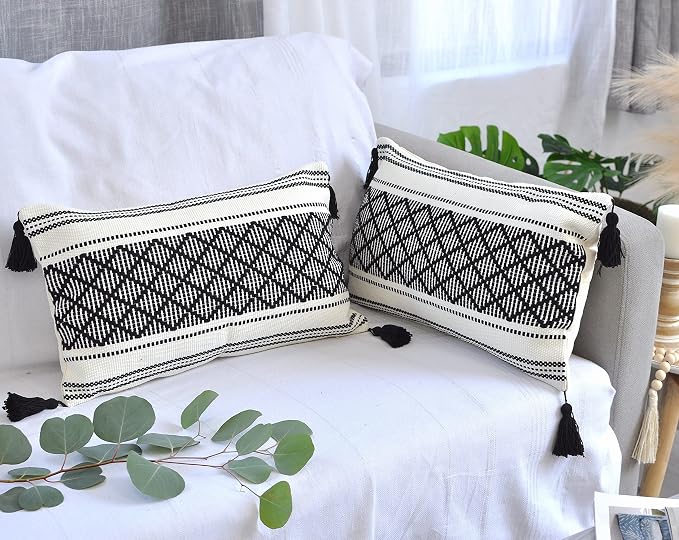 Boho Decorative Lumbar Pillow Covers with Tassels Black and White 12x20 inch -Set of 2 / Small Rectangle Cushion Covers for Couch Sofa/Farmhouse Woven Pillow Cases/Accent Cushion Covers