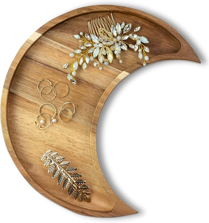 Acacia Wood Moon Crystal Display Tray - Natural Wooden Altar Tray 10.5" x 5" for Crystals and Stones Storage - Solid Wood Jewelry Organizer Dish - Boho Bedroom Decor