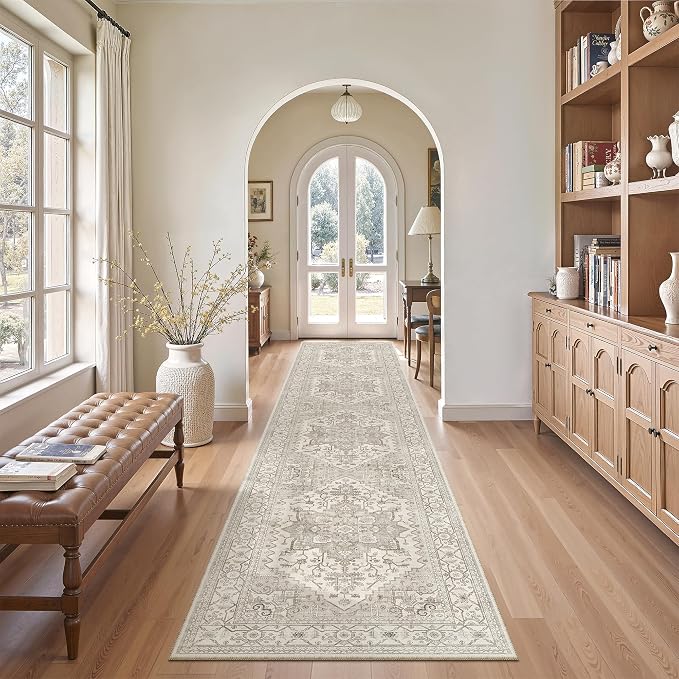 Madane Washable Runner Rugs 2x10 Long for Hallway Kitchen, Beige/Brown | Non-Slip Low-Pile 10ft Rug Runners Soft, Stain-Resistant Floor Carpet Mat for Entrance, Living Dining Laundry Room, Stair