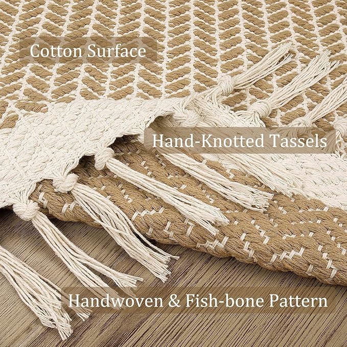 Lahome Boho Bathroom Runner Rug, 2x7 Washable Rugs for Laundry Room Hallway | Woven Cotton Hallway Rugs with Tassels, Farmhouse Decor Mat, Non Shedding Lightweight Low Pile Carpet for Kitchen Bath, Khaki