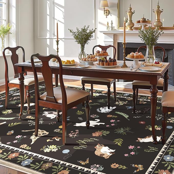 AIMPEAK Black 6x9 Washable Area Rug - Non Slip Low Pile Cat Floral Boho Vintage Carpet for Living Room, Bedroom, Farmhouse, Dining Room, Nursery, Girls Room, Kids Playroom, Black Multi