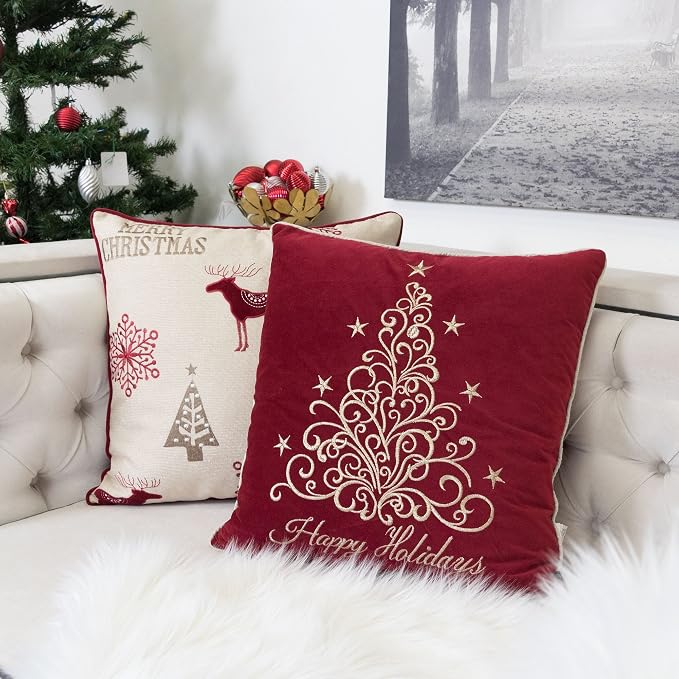 Embroidery Red Velvet Throw Pillow Cover, Merry Christmas Series Floral Tree Luxury Soft Fuzzy Cozy Warm Slik Decorative Gift Square Couch Cushion Pillow Case 20 x 20 Inch, Cover Only