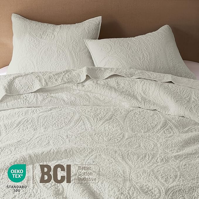 PALASSIO Beige Paisley 100% Cotton Quilt California Cal King Size Bedding Sets with 2 Pillow Shams, Oversized Boho Floral Farmhouse Vintage Soft Bedspread Shabby Chic Coverlet for All Season, 3 Pieces