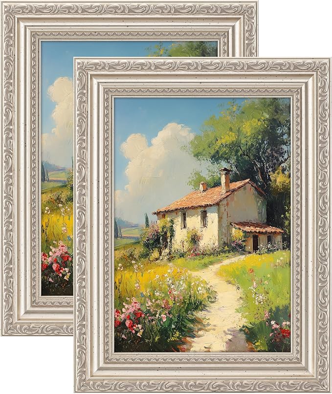 eletecpro 5x7 Vintage Picture Frame, Glass Cover, Silver Beige, 2-Pack