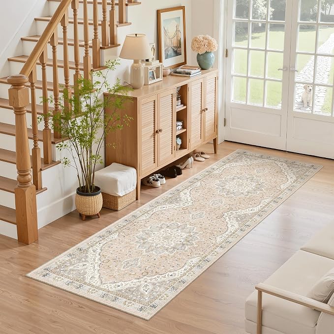 Madane Hallway Runner Rug 2x5 Washable Entry Rugs Non-Slip, Pink/Gray | Vintage Printed Low-Pile Kitchen Runners, Soft Low-Pile Stain-Resistant Throw Carpet for Bedroom Entrance Laundry Room 2'x5'