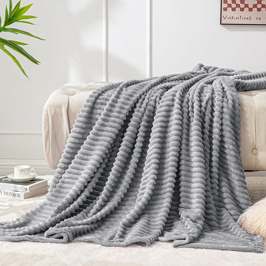 BEDELITE 3D Ribbed Jacquard Grey Fleece Throw Blanket for Couch, 50x60 Inch | Soft Warm Decorative Fluffy Blanket, Cozy Plush Lightweight Fuzzy Throw Blanket for Bed Sofa Home Room Decor, Gift for Women