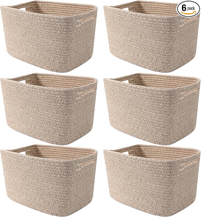 6 Pack Woven Rope Baskets, 12.6"×9"×7.8" Storage Bins, Brown | Storage Boxes for Toys, Books, Towels, Clothes, Shelf Baskets Organizer,Empty Gift Baskets for Living Room, Bathroom, Bedroom