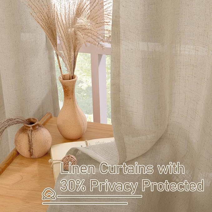 54 Inch Length Brown Linen Curtains for Small Windows 2 Panels | Light Filtering, Semi Sheer, Bedroom Curtains, Short, Window, Drapes for Kitchen, Bathroom, Bronze Grommet, 34 x 54 Inch