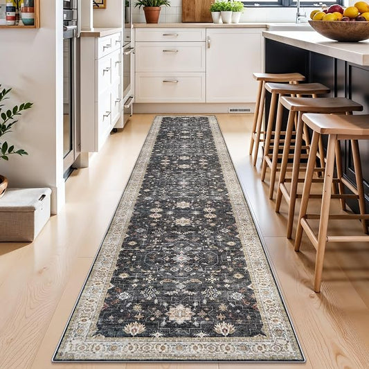 Washable Kitchen 2x10 Runner Rug: Non-Slip Hallway Rugs Vintage Low Pile Soft Thin Carpet for Bedroom Entryway Stain Resistant Easy-Clean Home Decor Gifts for Housholds/Newlyweds(Black/Multi,2x10)