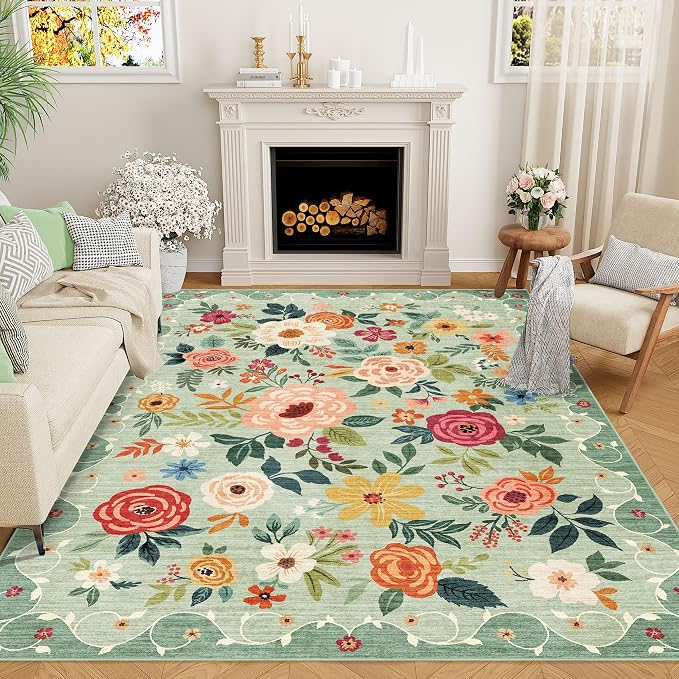DUKINO 6x9 Area Rugs, Floral Washable Rug for Bedroom Non Slip, Green | Soft, Low Pile, Large Indoor Rug for Living Room, Dining Room, Kids Room, Office, Pet Friendly, Home Decor, Stain Resistant