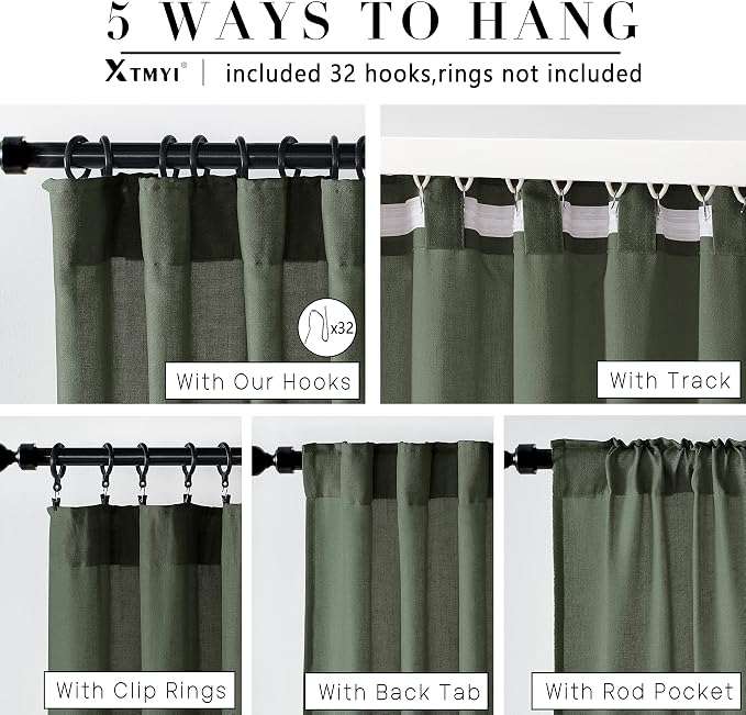 XTMYI Drapes Curtains for Living Room,2 Panels Set Linen Semi Sheer Boho Back Tab Pleated Window Treatments for Bedroom,Olive Green,40x86 in Long