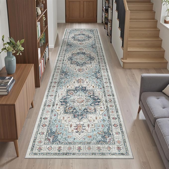 Madane Hallway Runner Rug 2x8 Washable Kitchen Rugs Non-Slip, Blue | Vintage Machine Washable Low-Pile Floor Carpet 8ft, Soft Ultra-Thin Throw Entry Foyer Mat for Entrance Laundry Living Room
