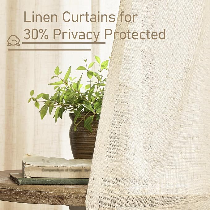 Linen Semi Sheer Curtains 40 Inch for Kitchen Window Over Sink | Light Filtering Panels, Farmhouse, Boho, Drapes for Cafe, Rod Pocket Back Tab, Beige, 2 Panels, 52 x 40 Inch