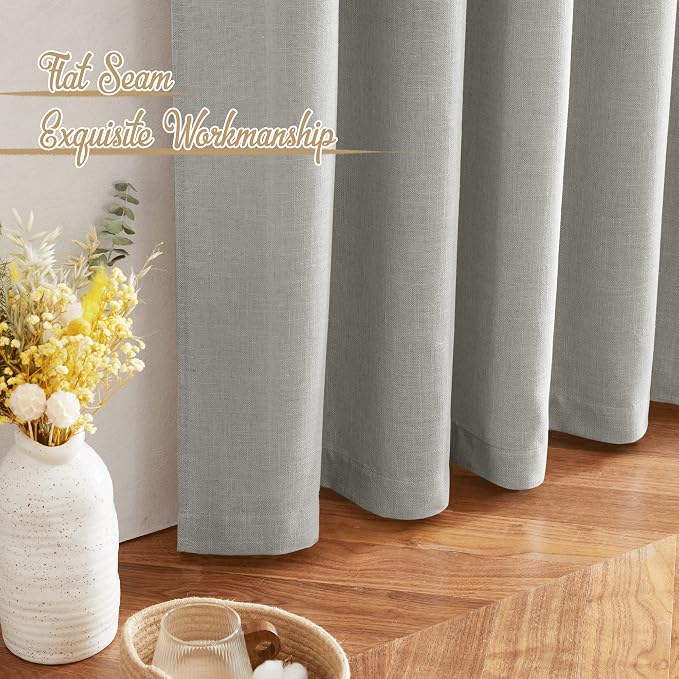NICETOWN Linen Gray Curtains for Bedroom, Rod Pocket & Back Tab Flax Linen Burlap Semi Sheer Eclectic Window Treatments Privacy with Light Filtering for Boys Room/Living Room, W52 x L95