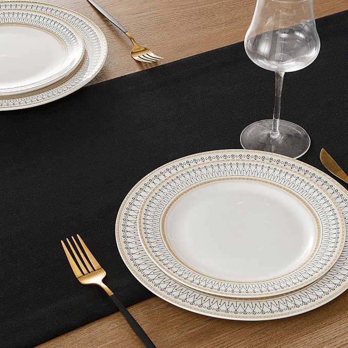 ZeeMart Linen Textured Border Table Runner, 14 x 36 Inch Black | Mitered Corner Design, Medium Weight Fabric, Modern Farmhouse Style, Machine Washable Easy Care Everyday Table Scarf